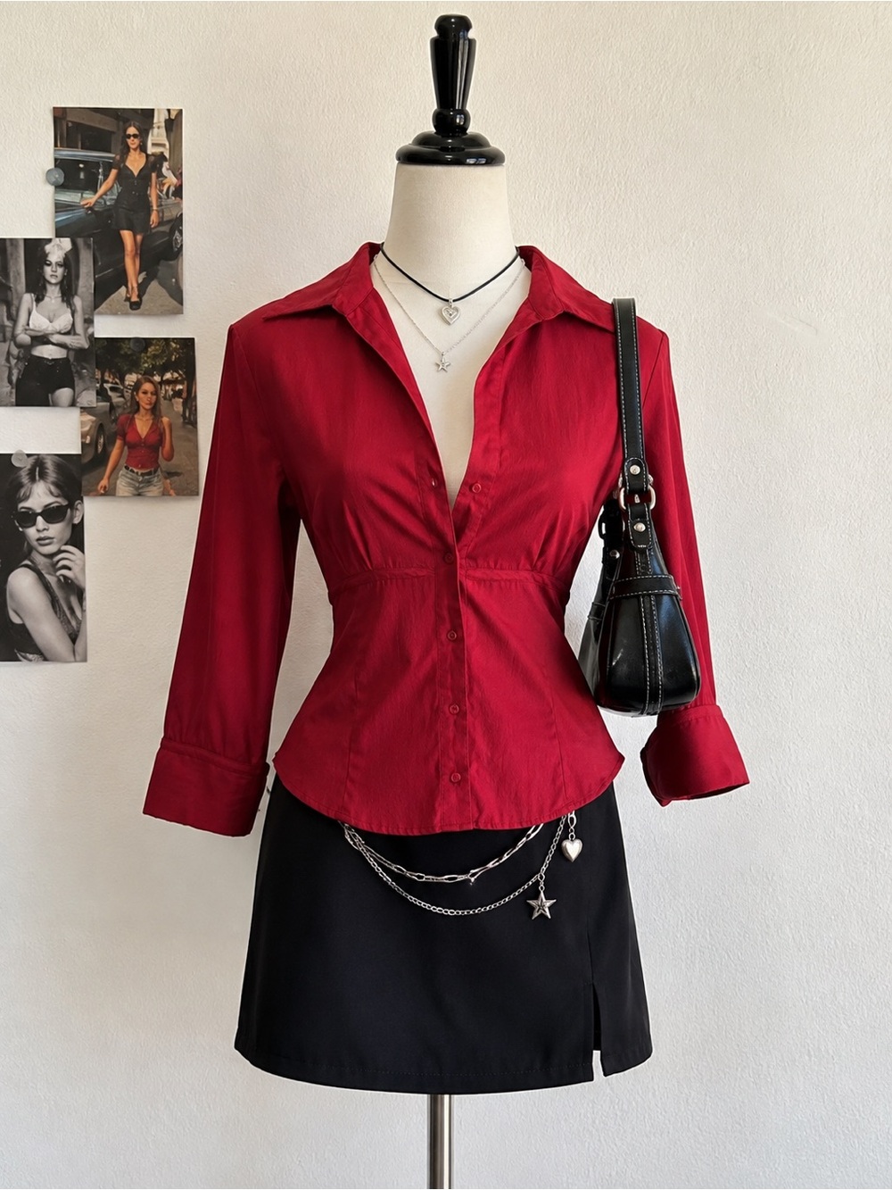 🍒 Hillard and Hanson Y2K Red Fitted Button Blouse | VTG Romantic Large